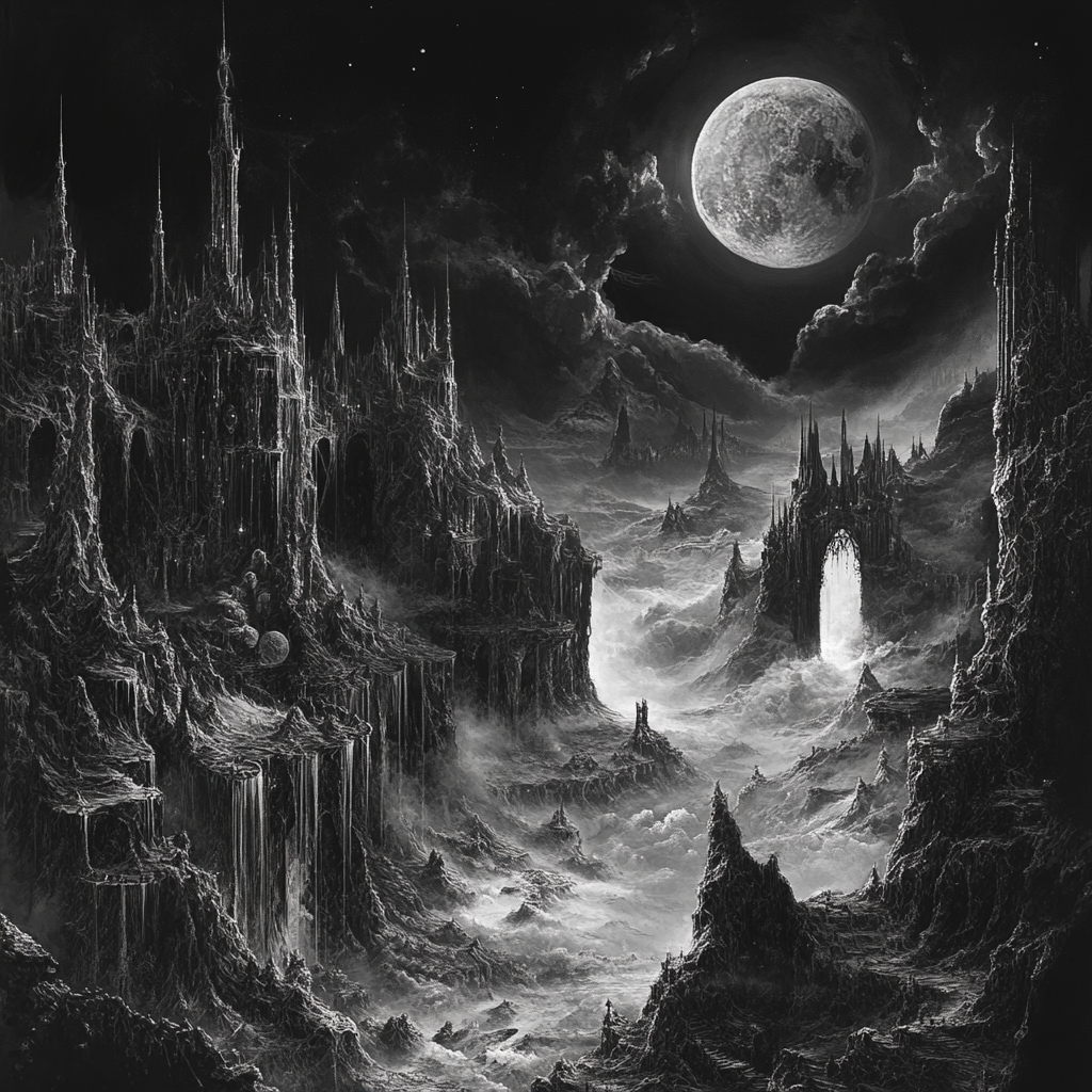 Grayscale gothic castle in the moonlight
