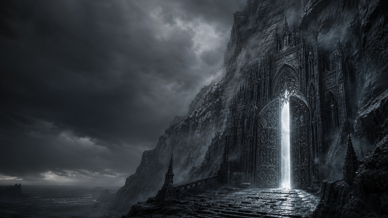 Ornate doors opening in a storm-battered cliff